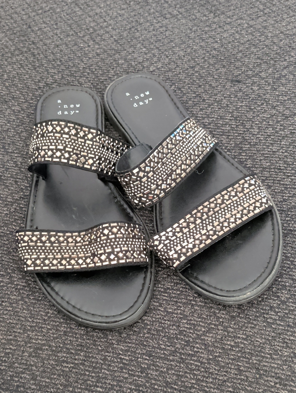 a new day Black Double-Strap Rhinestone Slide Sandals